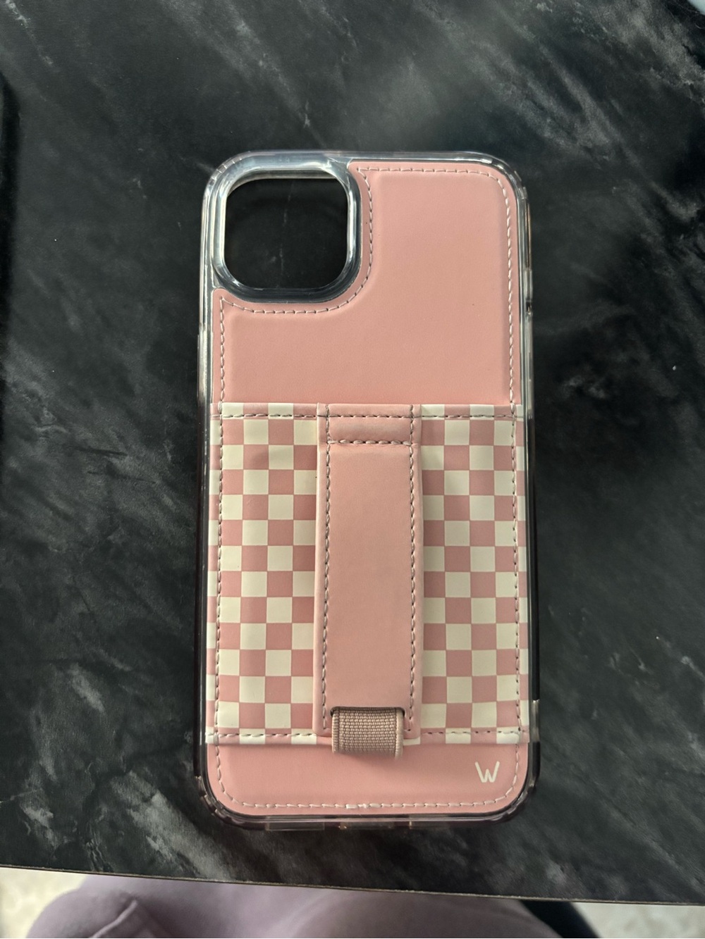 iPhone 15 plus or 14 plus Walli case holds cards pink checkered
